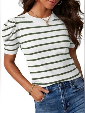 Striped Puff-Sleeve Knit Top - White & Olive